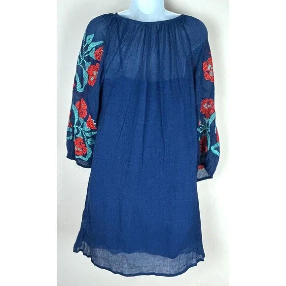 Trina Turk Blue Embroidered Boho Cotton Lined Floral Tunic Dress Size 6 NEW - Picture 4 of 15